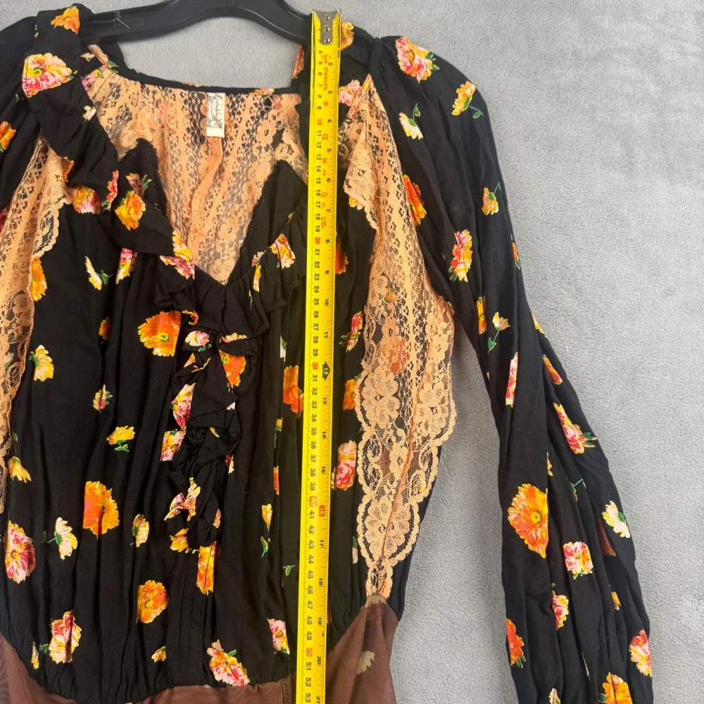 Intimately Free People Floral Lace Ruffle Bodysuit Black Orange XS Long Sleeve